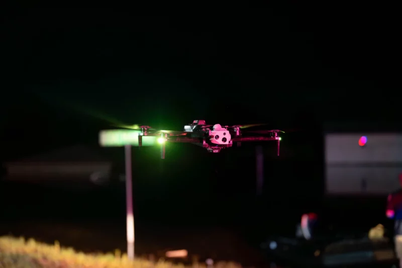Skydio X10 drone flying at night