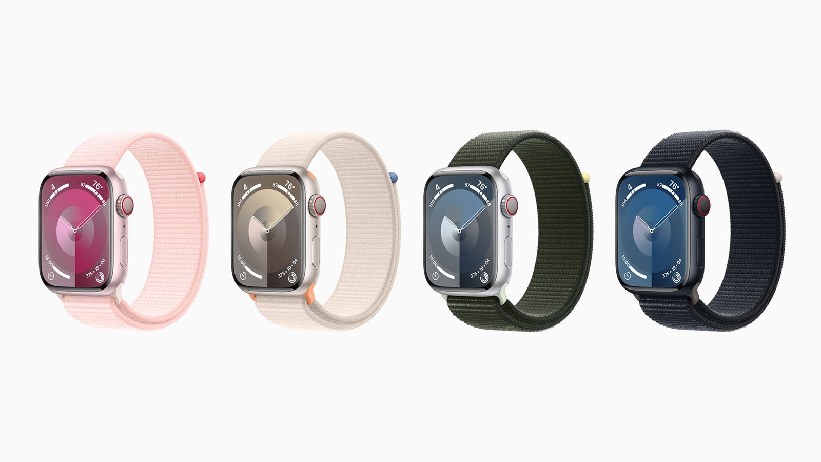 Four versions of the Apple Watch Series 9 are lined up in a row in pink, a beige, silver, and black.