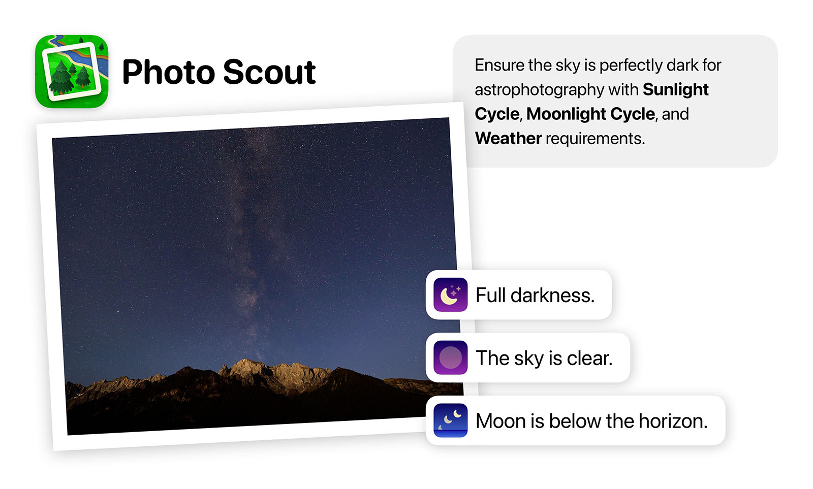 An image shows an example of how Photo Scout can be used to find the right setting for an astrophotography setup.