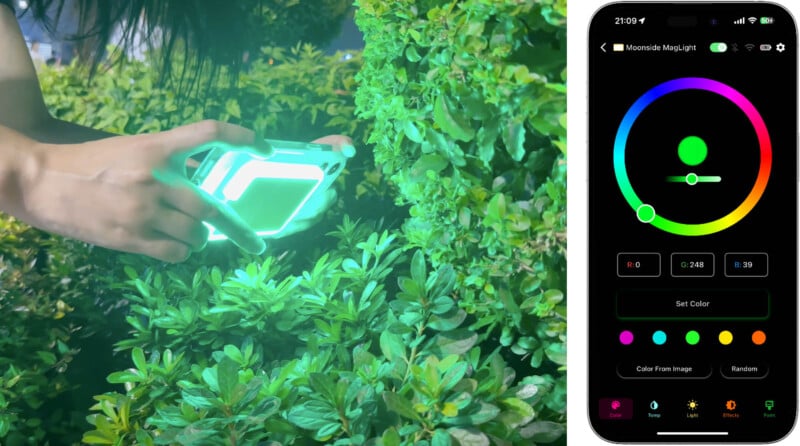 A person holding a glowing rectangular device, illuminating green foliage in a bush. Next to the photo, a smartphone screen shows an app interface with a color wheel, sliders, and options for controlling the device’s light color and settings.