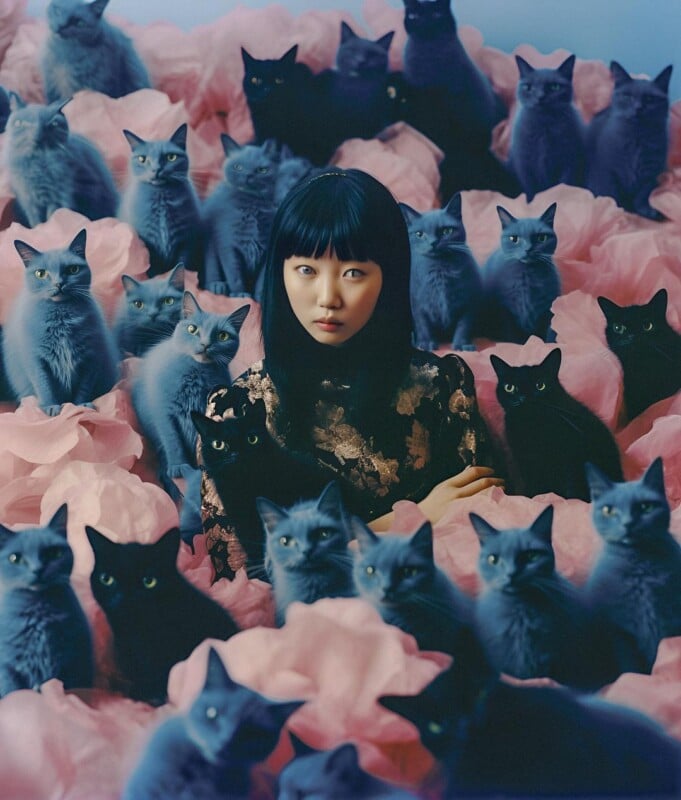 AI image of woman surrounded by cats