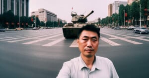 AI image showing Tank Man taking a selfie in Tiananmen Square