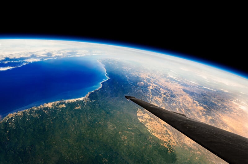 The view from a U2 Dragon Lady spy plane photographed by Commercial Photographer Blair Bunting. The image is part of the series "Photoshoot at the Edge of Space," in which Bunting did a photoshoot above 70,000 feet while in a spacesuit.