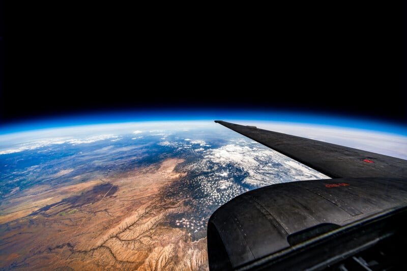 The view from a U2 Dragon Lady spy plane photographed by Commercial Photographer Blair Bunting. The image is part of the series "Photoshoot at the Edge of Space," in which Bunting did a photoshoot above 70,000 feet while in a spacesuit.