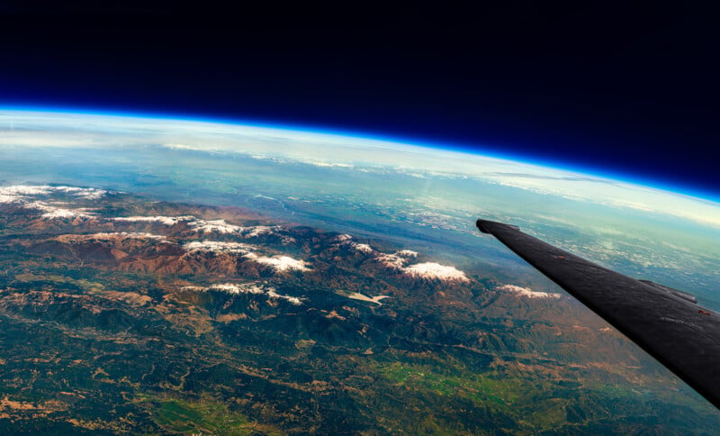 The view from a U2 Dragon Lady spy plane photographed by Commercial Photographer Blair Bunting. The image is part of the series "Photoshoot at the Edge of Space," in which Bunting did a photoshoot above 70,000 feet while in a spacesuit.