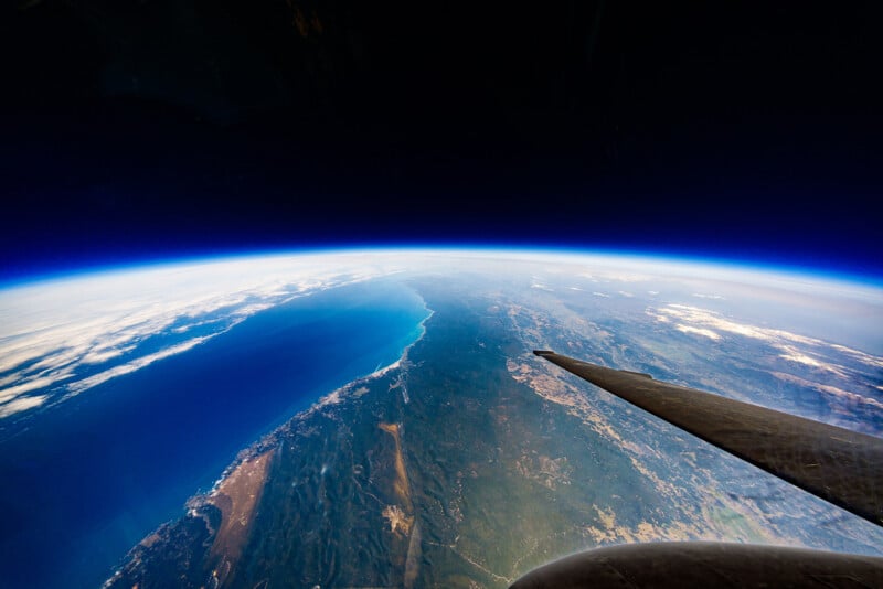 The view from a U2 Dragon Lady spy plane photographed by Commercial Photographer Blair Bunting. The image is part of the series "Photoshoot at the Edge of Space," in which Bunting did a photoshoot above 70,000 feet while in a spacesuit.