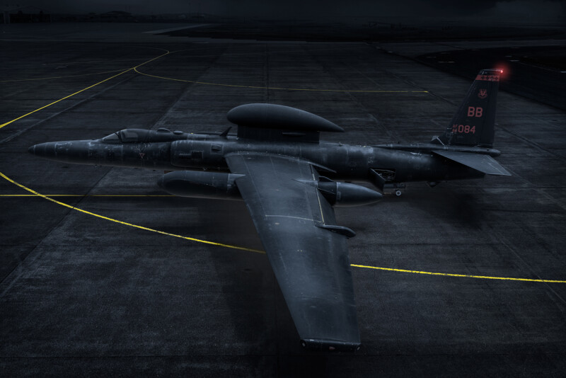 A U2 Dragon Lady spy plane photographed by Commercial Photographer Blair Bunting. The image is part of the series "Photoshoot at the Edge of Space," in which Bunting did a photoshoot above 70,000 feet while in a spacesuit.