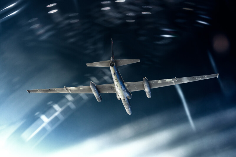 A U2 Dragon Lady spy plane photographed by Commercial Photographer Blair Bunting. The image is part of the series "Photoshoot at the Edge of Space," in which Bunting did a photoshoot above 70,000 feet while in a spacesuit.