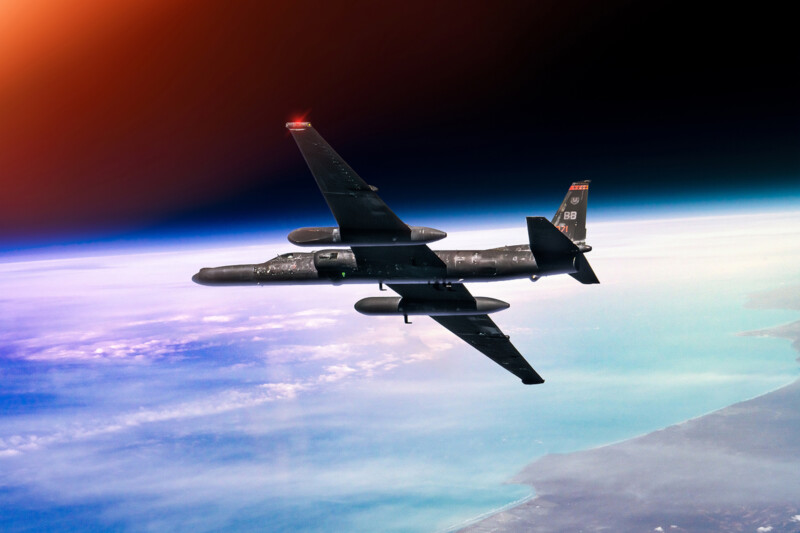 A U2 Dragon Lady spy plane photographed by Commercial Photographer Blair Bunting. The image is part of the series "Photoshoot at the Edge of Space," in which Bunting did a photoshoot above 70,000 feet while in a spacesuit.