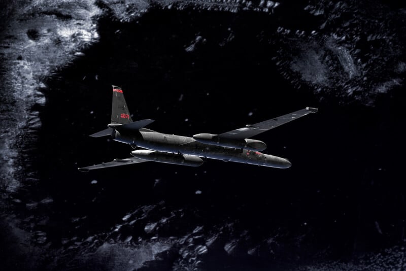 A U2 Dragon Lady spy plane photographed by Commercial Photographer Blair Bunting. The image is part of the series "Photoshoot at the Edge of Space," in which Bunting did a photoshoot above 70,000 feet while in a spacesuit.