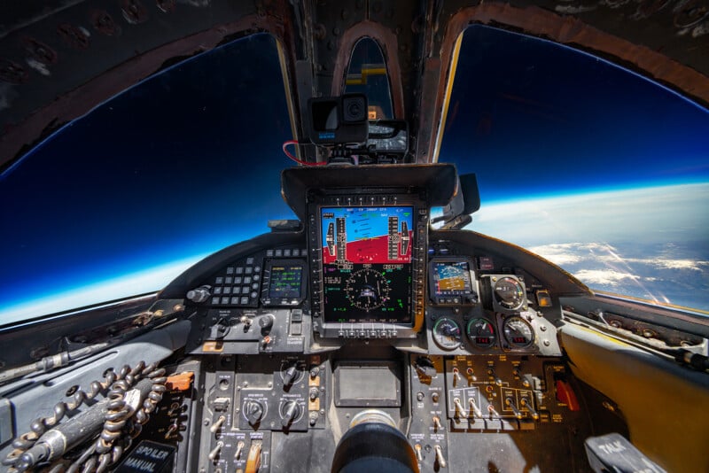The cockpit of a U2 Dragon Lady spy plane photographed by Commercial Photographer Blair Bunting. The image is part of the series "Photoshoot at the Edge of Space," in which Bunting did a photoshoot above 70,000 feet while in a spacesuit.