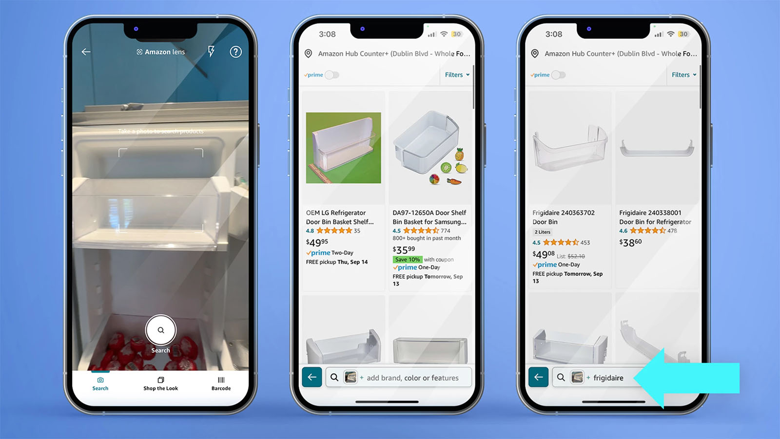 Three iPhones show how the Amazon app can now search using text and image.