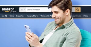 A man is seen on his phone overlaid on an Amazon search bar.