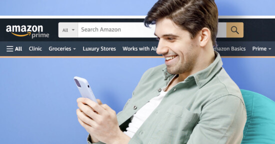 A man is seen on his phone overlaid on an Amazon search bar.