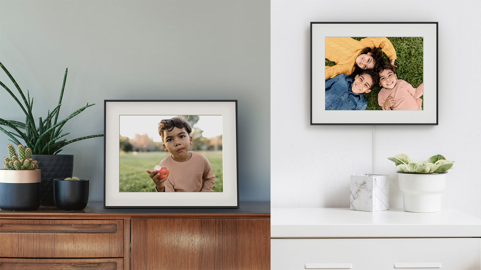 On the left, the Aura Frames Walden sits on a tabletop. On the right, the frame is mounted.