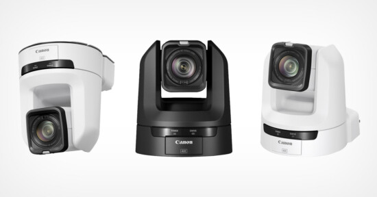 Three models of the Canon CR-N100 PTZ camera are lined up in a row, two white with one in black in the middle.