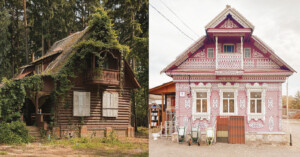 Two photos of dacha homes next to each other.
