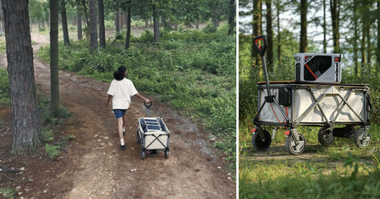 A woman pulls the electric utility wagon in an image to the left. On the right, the wagon is seen with its power bank on top, in the woods.