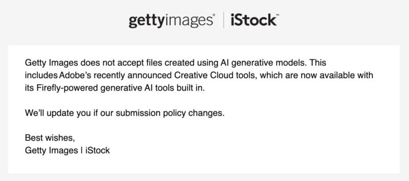 Getty email sent to a creator who attempted to upload an AI image.