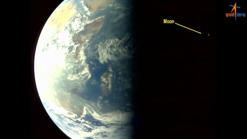 This photograph taken by a camera mounted on Aditya-L1 shows the Earth and the Moon in a single frame.