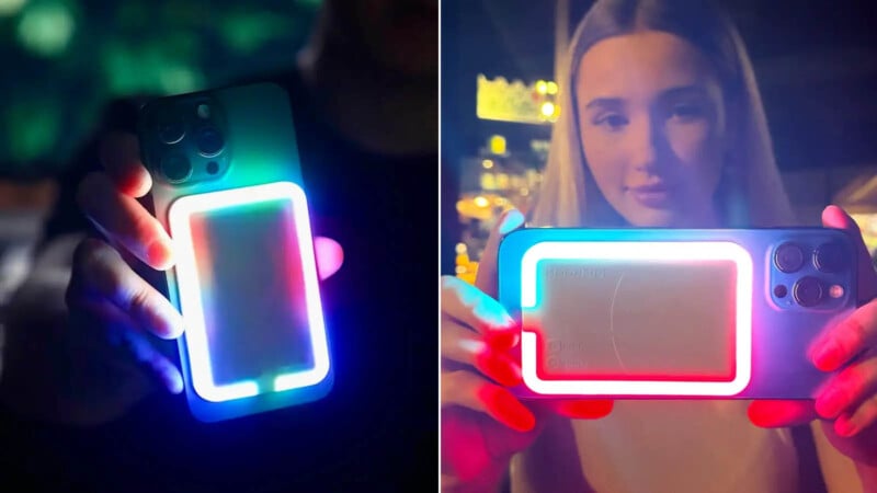 A split image shows two people holding smartphones with glowing lights around a MagSafe accessory on the back. On the left, a hand holds a phone with a blue and purple glow. On the right, a woman holds a phone with a red and blue glow, smiling in a dimly lit setting.
