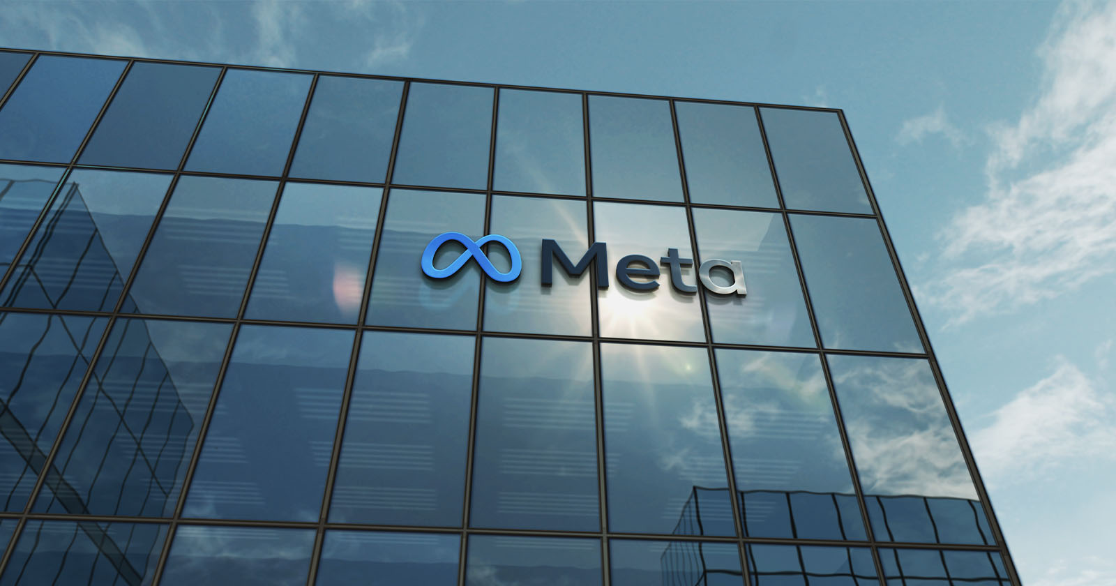 A building with the Meta logo is seen from below.