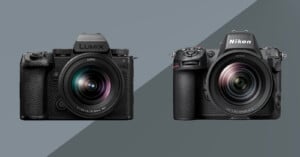 A Panasonic S5 IIX (left) and a Nikon Z8 (right) are next to each other on a two-toned background.