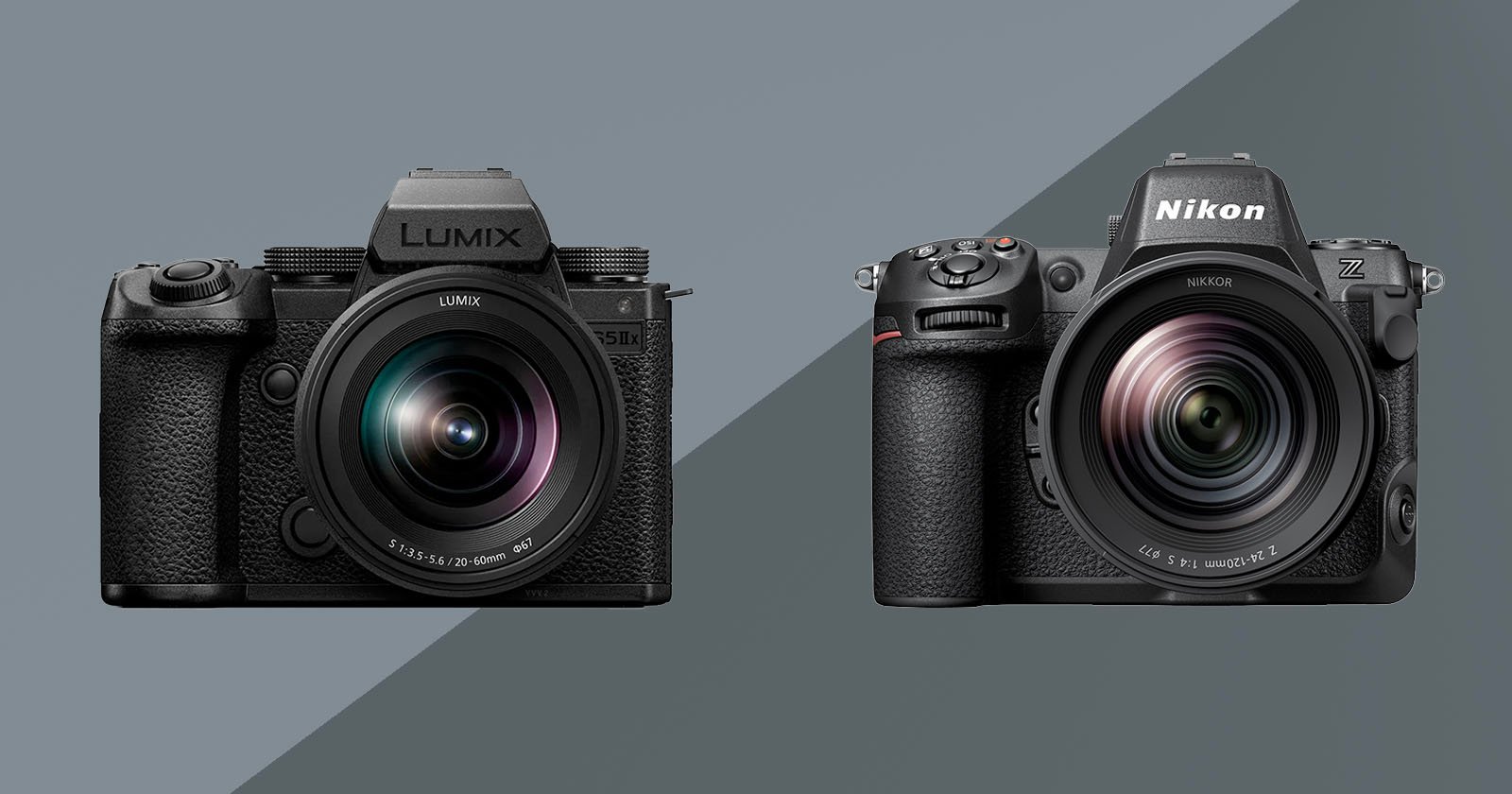 A Panasonic S5 IIX (left) and a Nikon Z8 (right) are next to each other on a two-toned background.