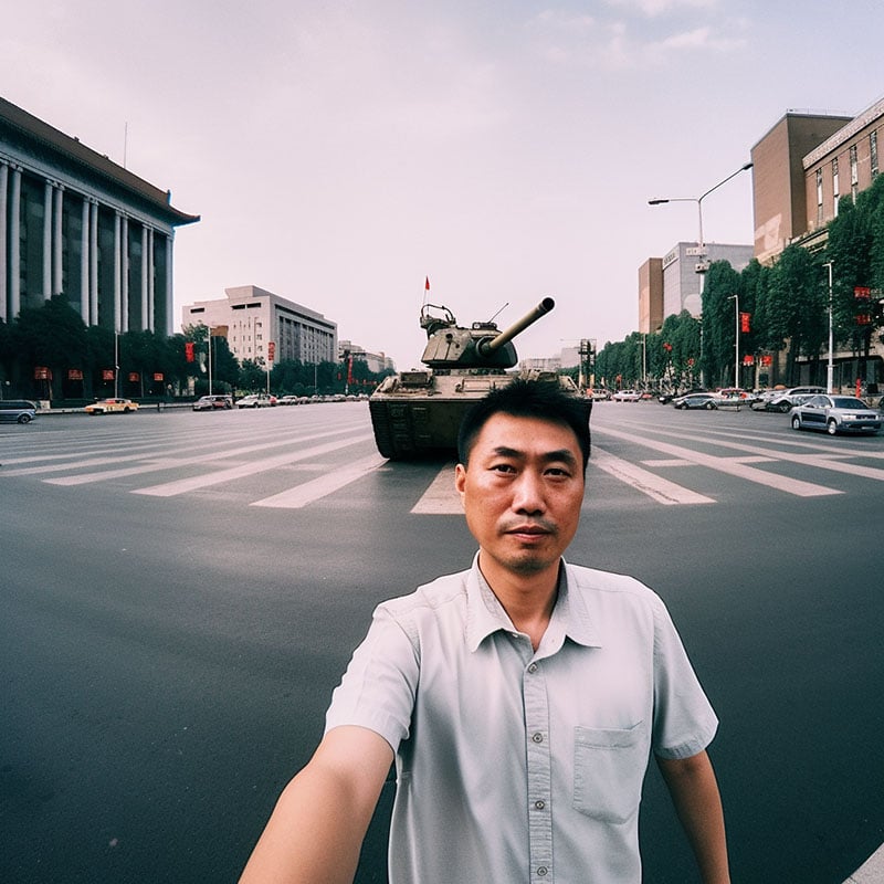AI image showing Tank Man taking a selfie in Tiananmen Square