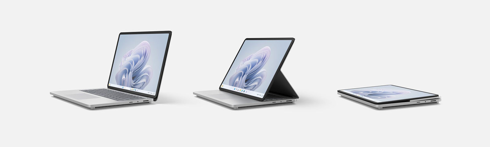 The Microsoft Surface Laptop Studio 2 in various positions as an ordinary laptop, covering the keyboarding leaving only the touchpad exposed, and folding into a tablet,