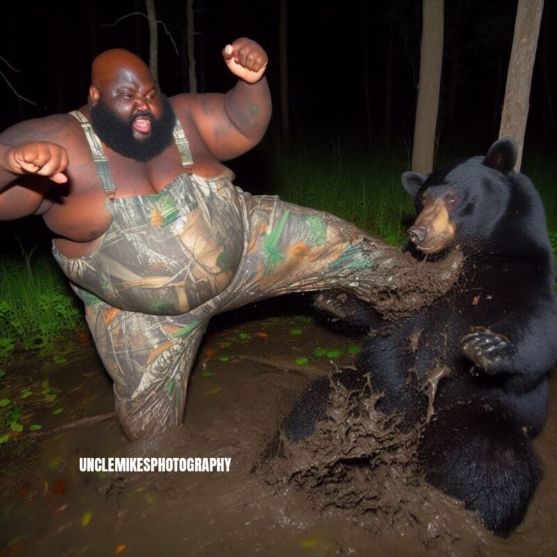 AI-generated image of a man kicking a bear in a swamp
