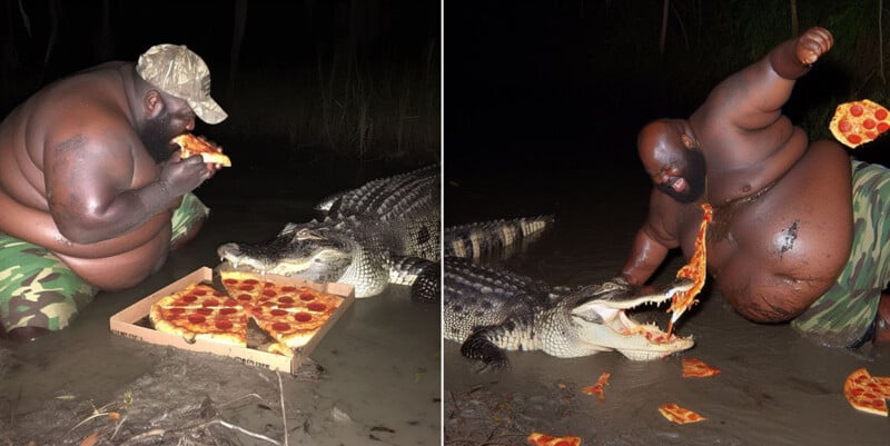 AI images of a man sharing a pizza with an alligator