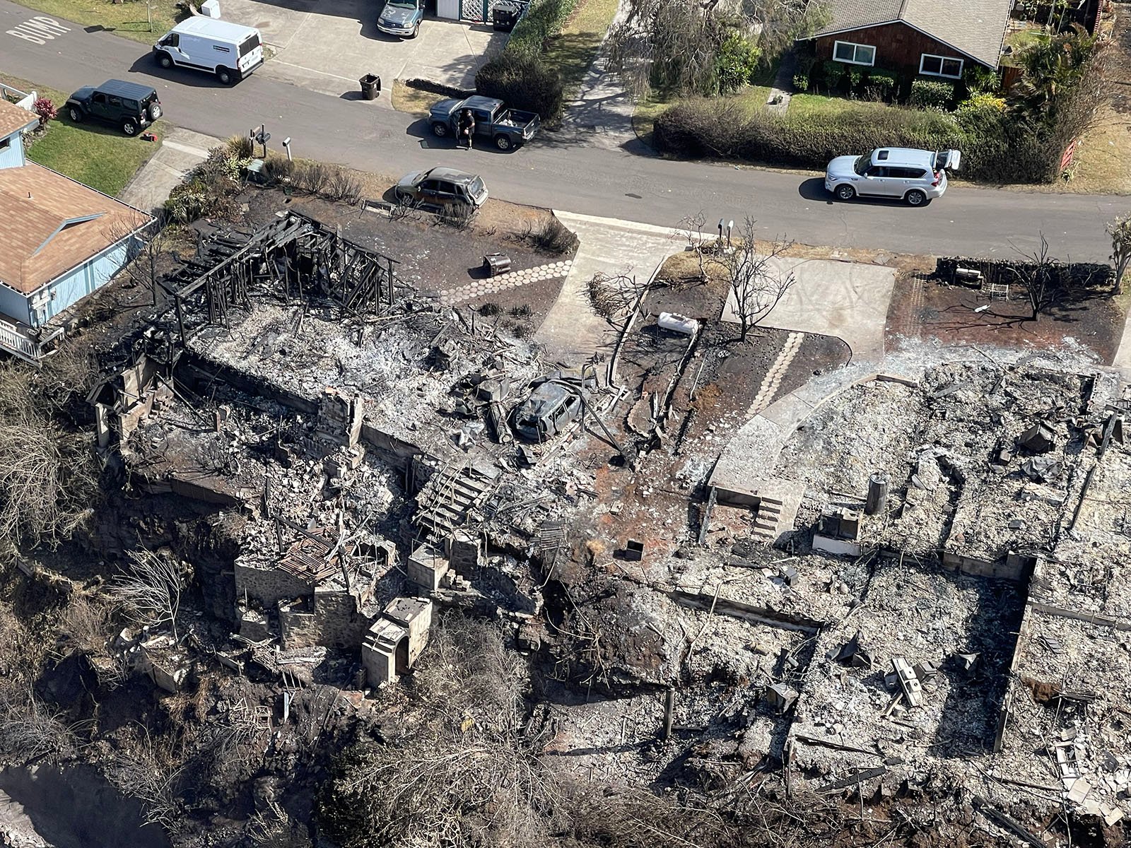 An aerial of homes destroyed by fires.