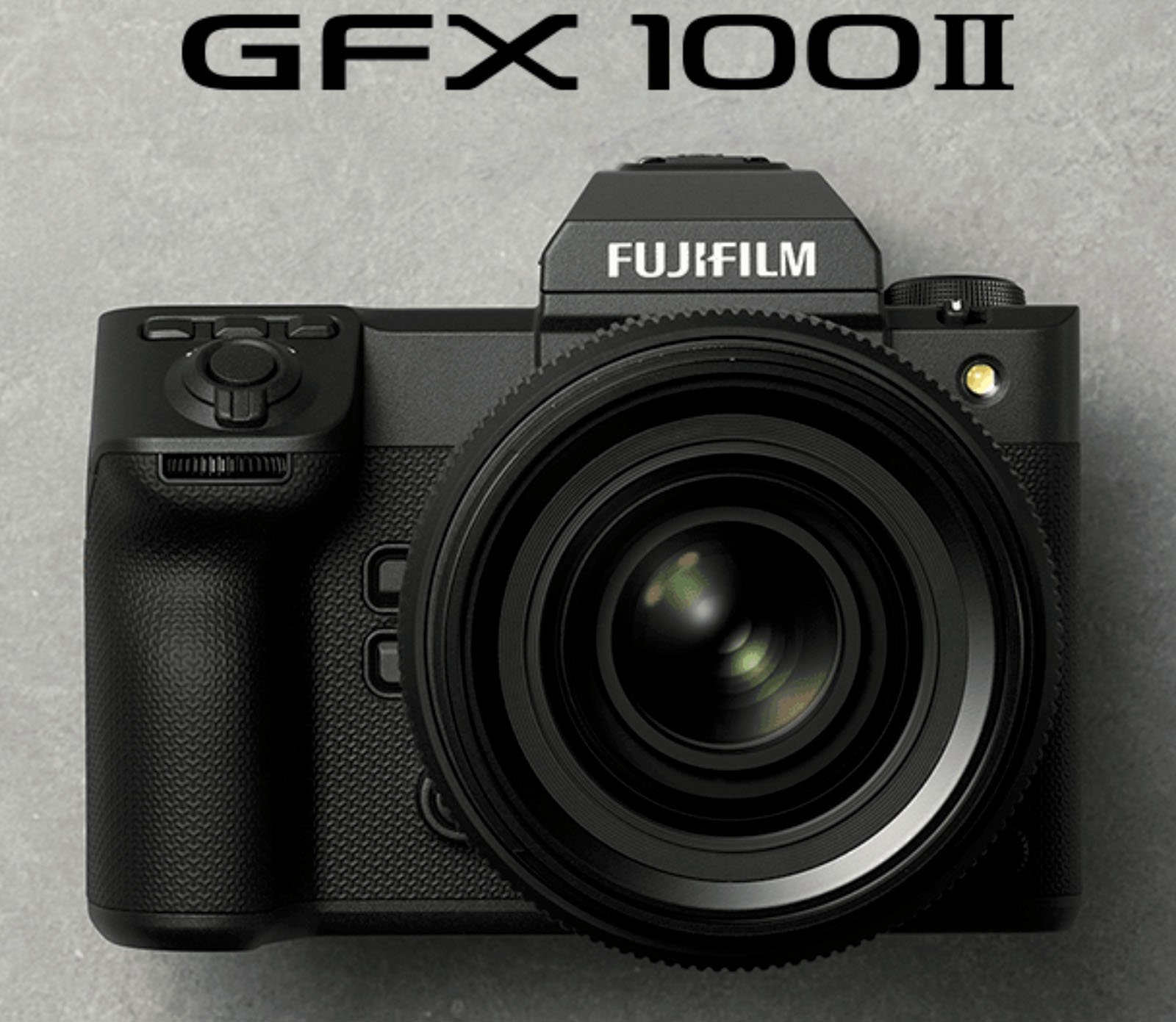 Fujifilm GFX100 II camera body against a light gray background. 