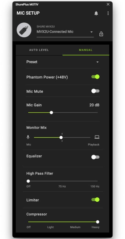 Shure Motiv App interface