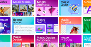 A compilation of Canva's new Magic Studio features on colorful tiles.