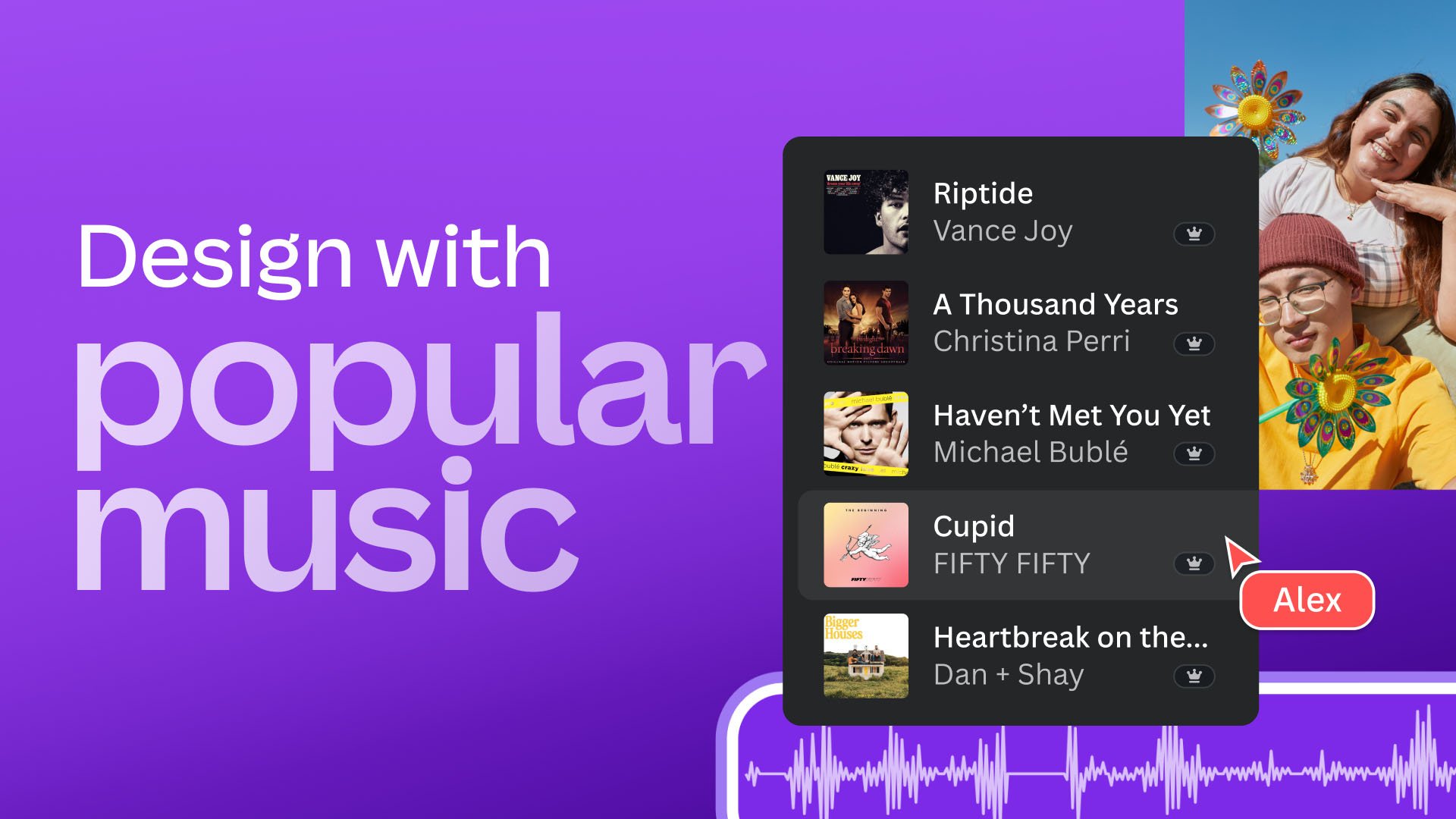 An art render features screenshot of Canva's music library and the words "Design with popular music"