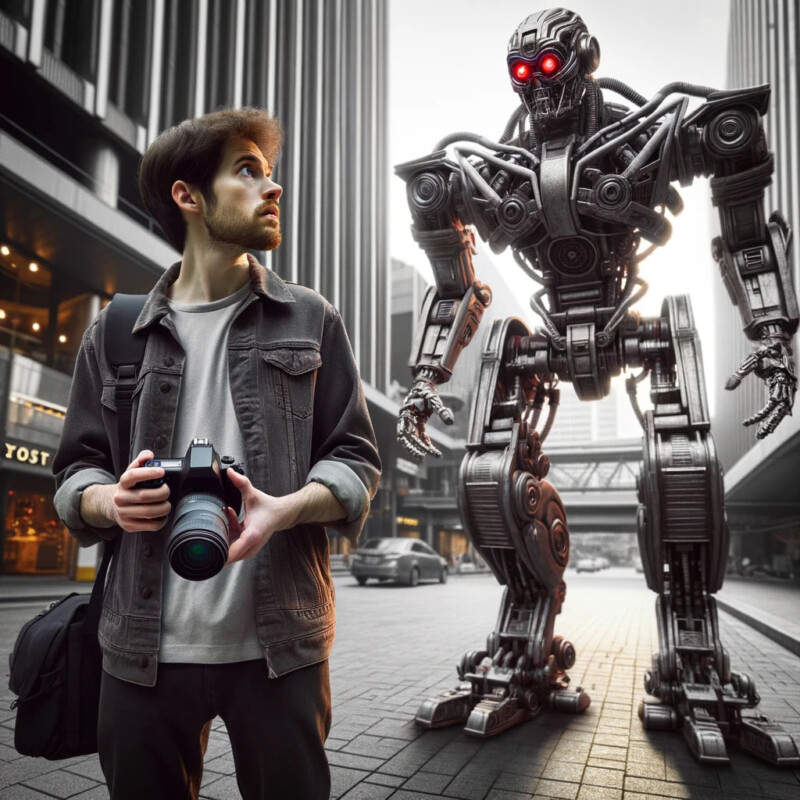 Photographer intimidated by a robot