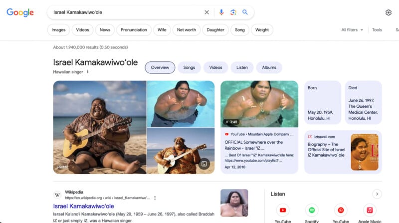 Google search for Israel Kamakawiwoʻole