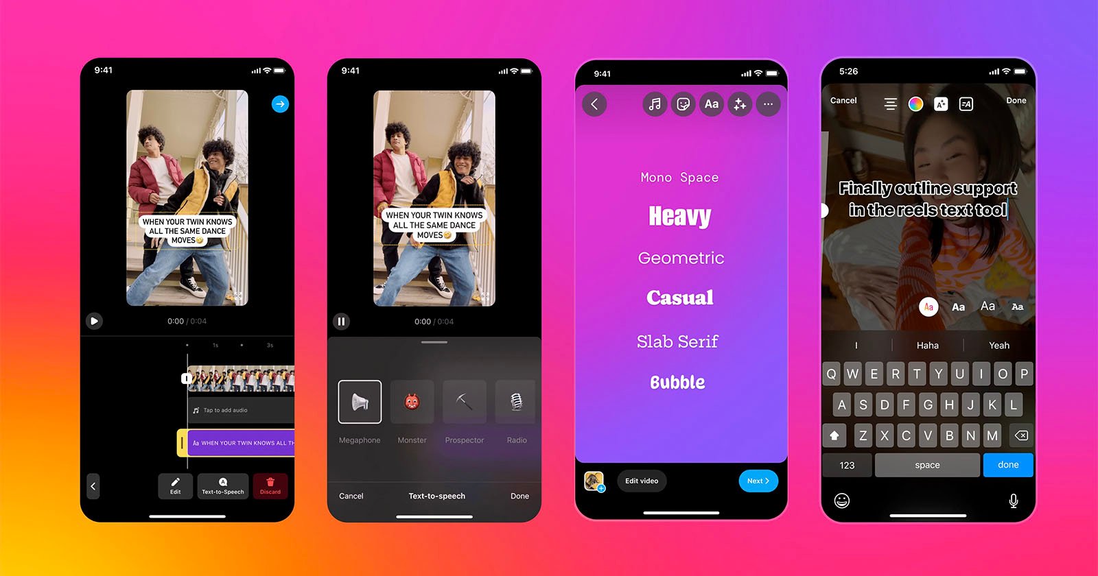 Four Instagram screenshots show new text features