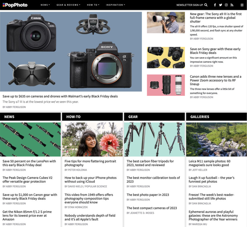 Screenshot of the most recent home page of PopPhoto.com