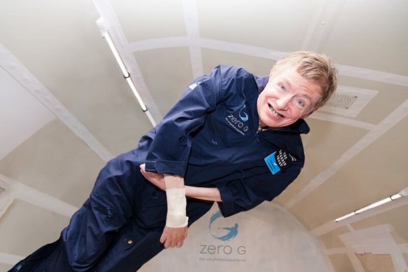 Tear sheet of Stephen Hawking floating in zero gravity room, smiling, by Miami-based Portrait Photographer Steve Boxall