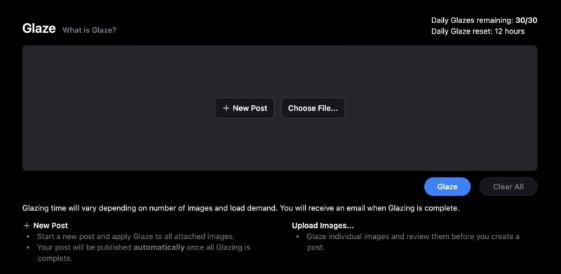 On the Cara Glaze dashboard, you can upload multiple images, or automatically apply Glaze to an entire post