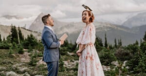 A bird lands on a bride's head during the wedding ceremony
