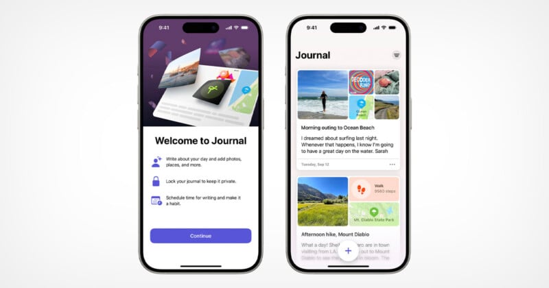 Two iPhones show the new Journal app on screen.