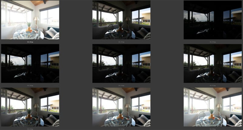 A screenshot of 9 brackets used for an HDR image.