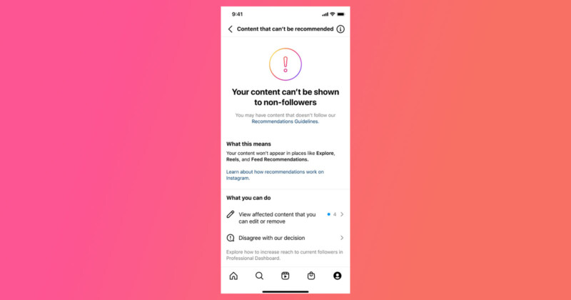 An Instagram screenshot shows a warning that content may be limited due to policy violations.