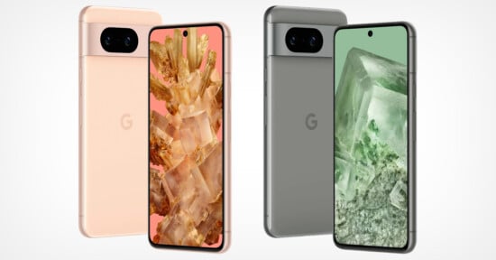Two color variations of the Google Pixel 8 smartphones against a white background.