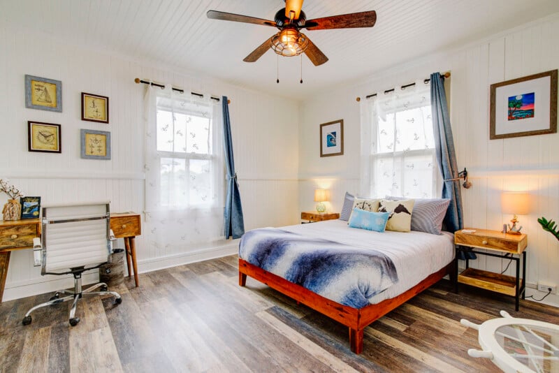 HDR photography is used to document a bedroom.