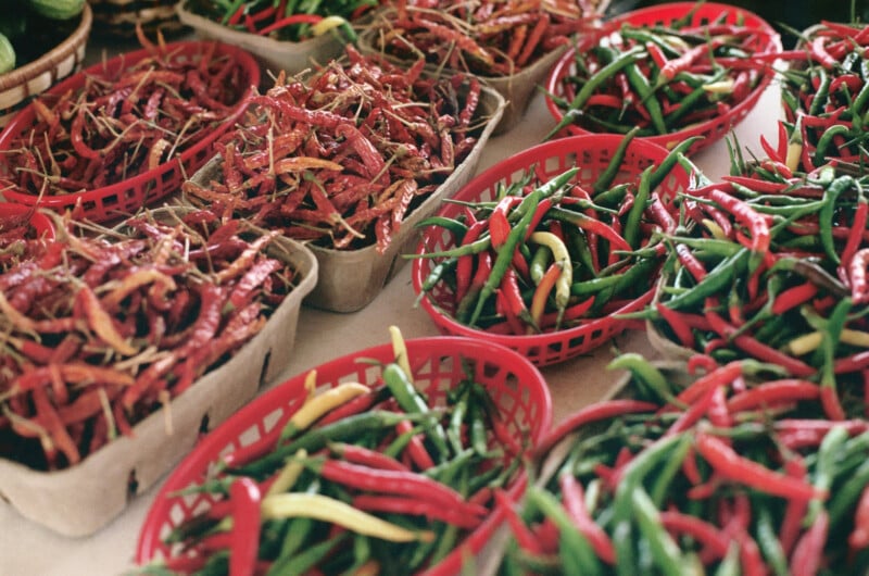 Baskets full of chilis sit on a table.